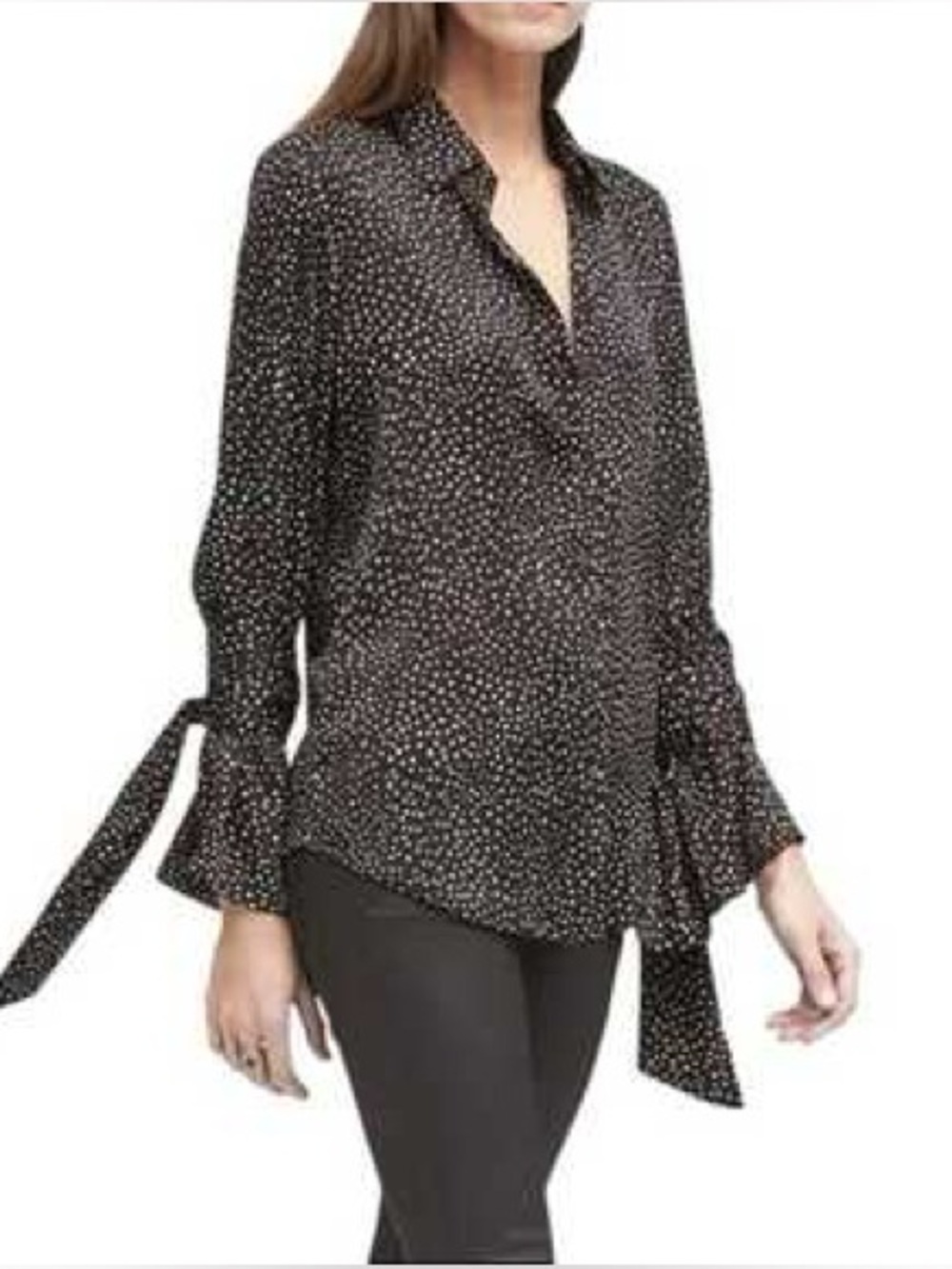 BANANA REPUBLIC Dillon Tie Sleeve Dotted Blouse Small Black Beige EUC
